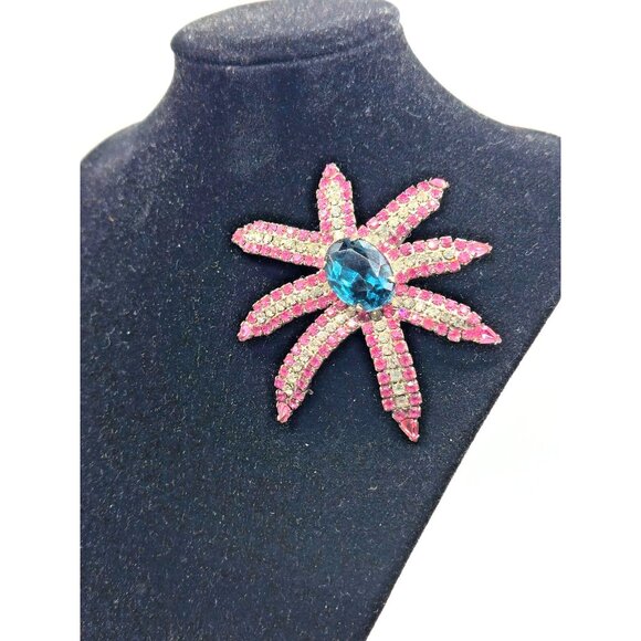 Large 1930s Art Deco Czech Pink Rhinestone Brooch w/ Blue Crystal Center 3" - Picture 2 of 4